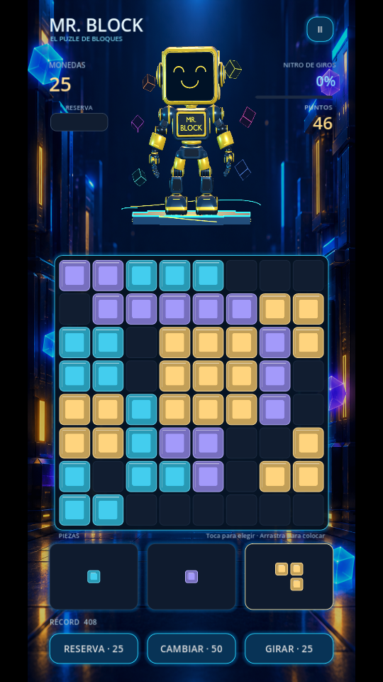 Captura real de Mr.Block con su tablero de bloques, Mr.Block y las piezas disponibles
